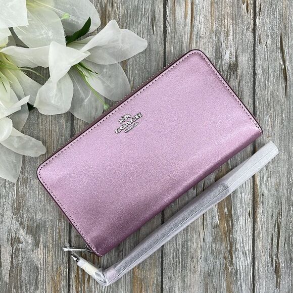 Coach Leather Metallic Pink Long Zip Around Wallet Bag Purse - Picture 3 of 11